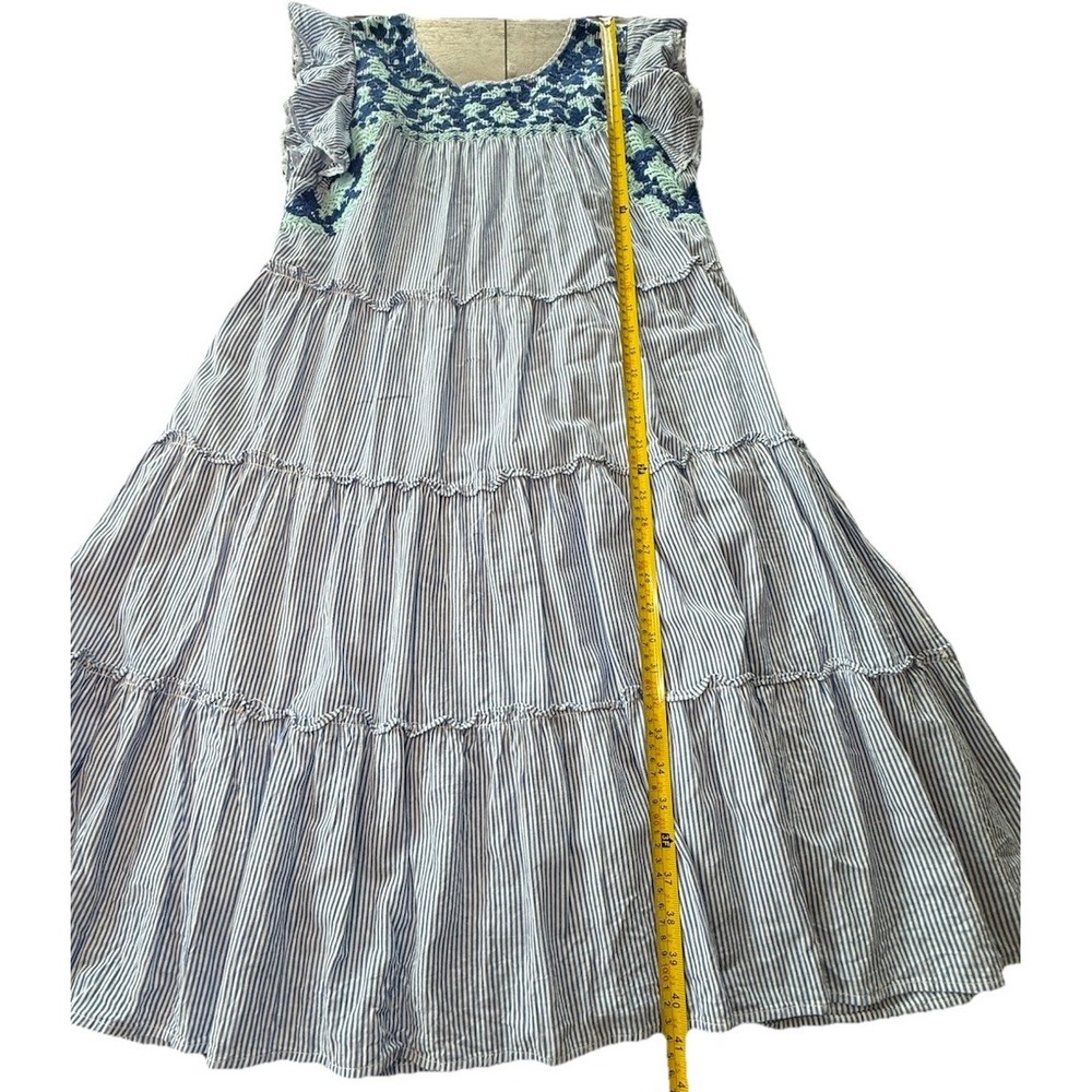 J Marie Kennedy Embroidered Tiered Dress Blue‎ Stripe Flutter Sleeve Boho M - Picture 3 of 9